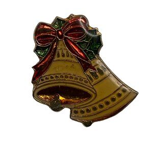 Vintage Holiday Bell Brooch Enamel Gold Tone‎ Red Bell Christmas Pin 1979
